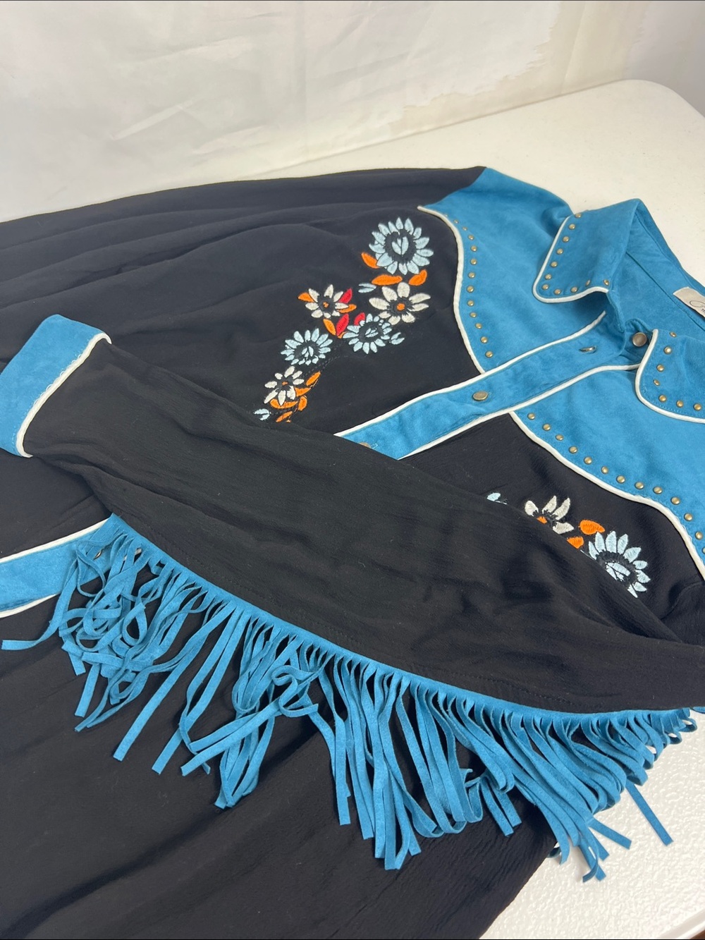 John Moon Sz XL Button Shirt Fringe Embroidered Black & Teal Cowgirl Western - Picture 6 of 12